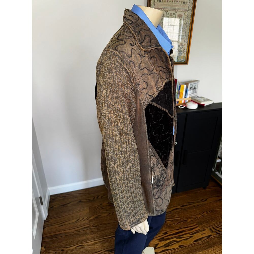 Reversible‎ Patchwork Quilted Jacket Brown Velvet Floral Boho Artsy Button Front